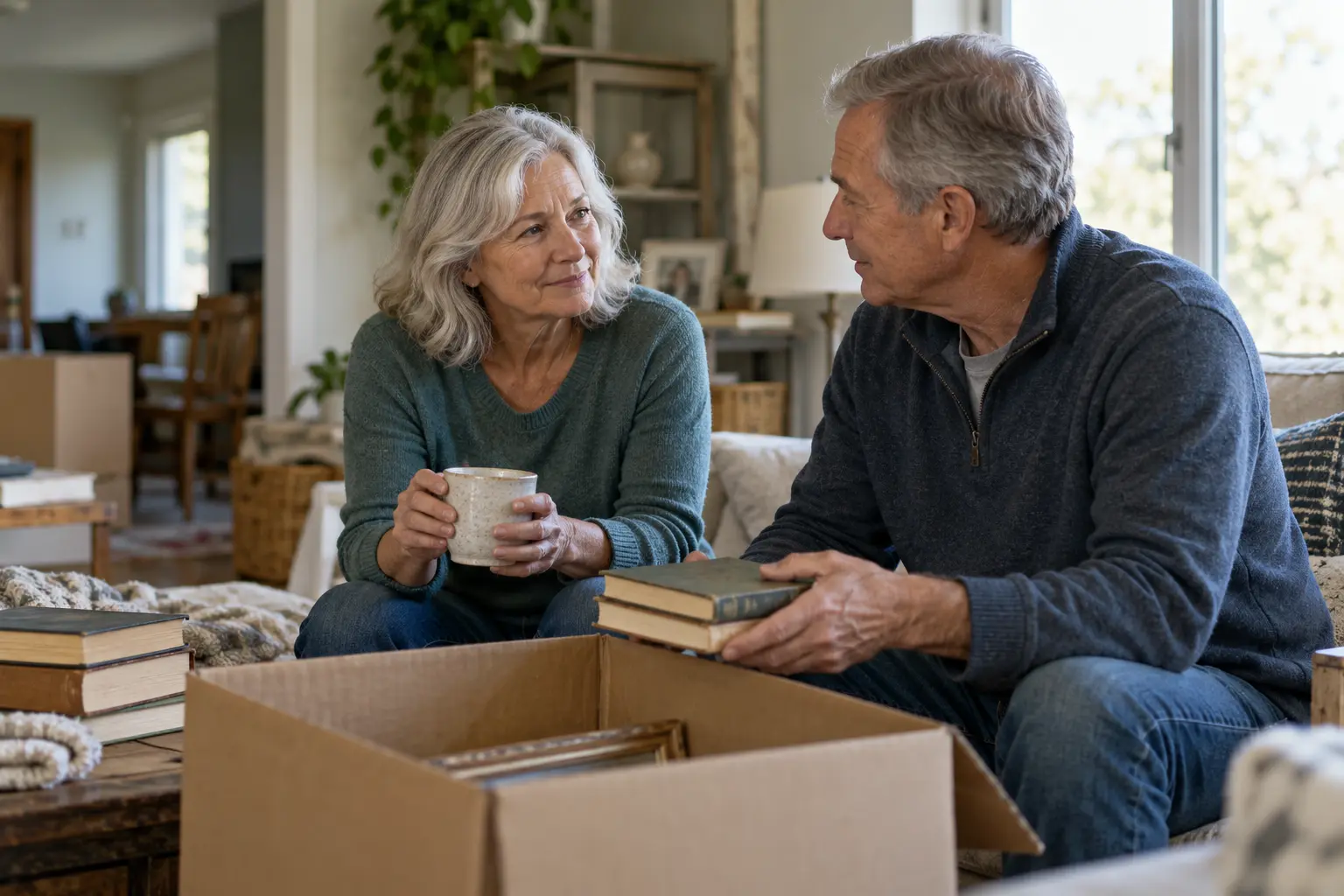 Couple packing and reviewing plans together in their home during a transition