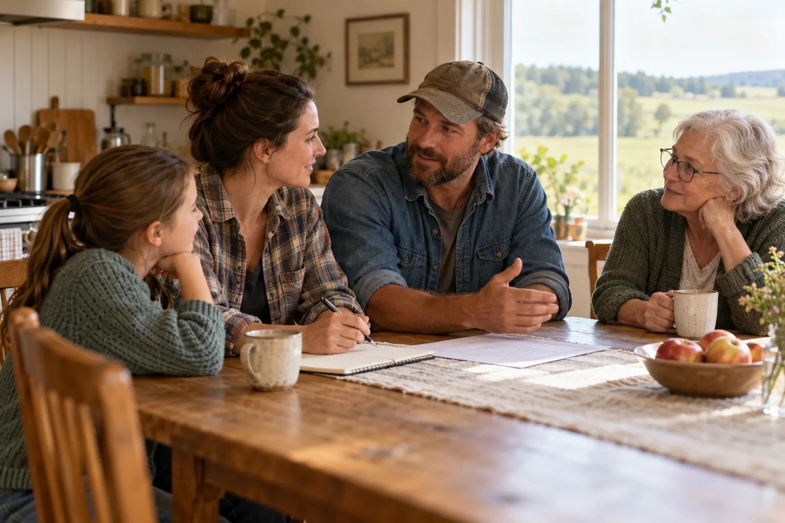 Rural multi-generational family sitting together around a kitchen table having a thoughtful conversation