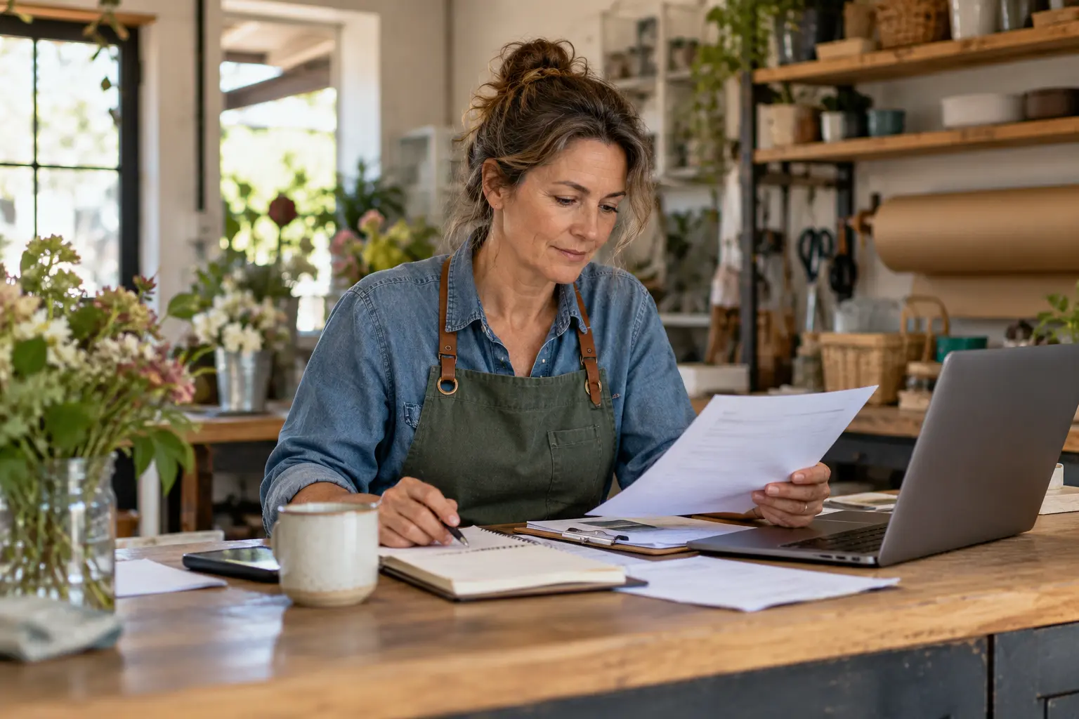 Independent small business owner reviewing financial paperwork and laptop in her workshop